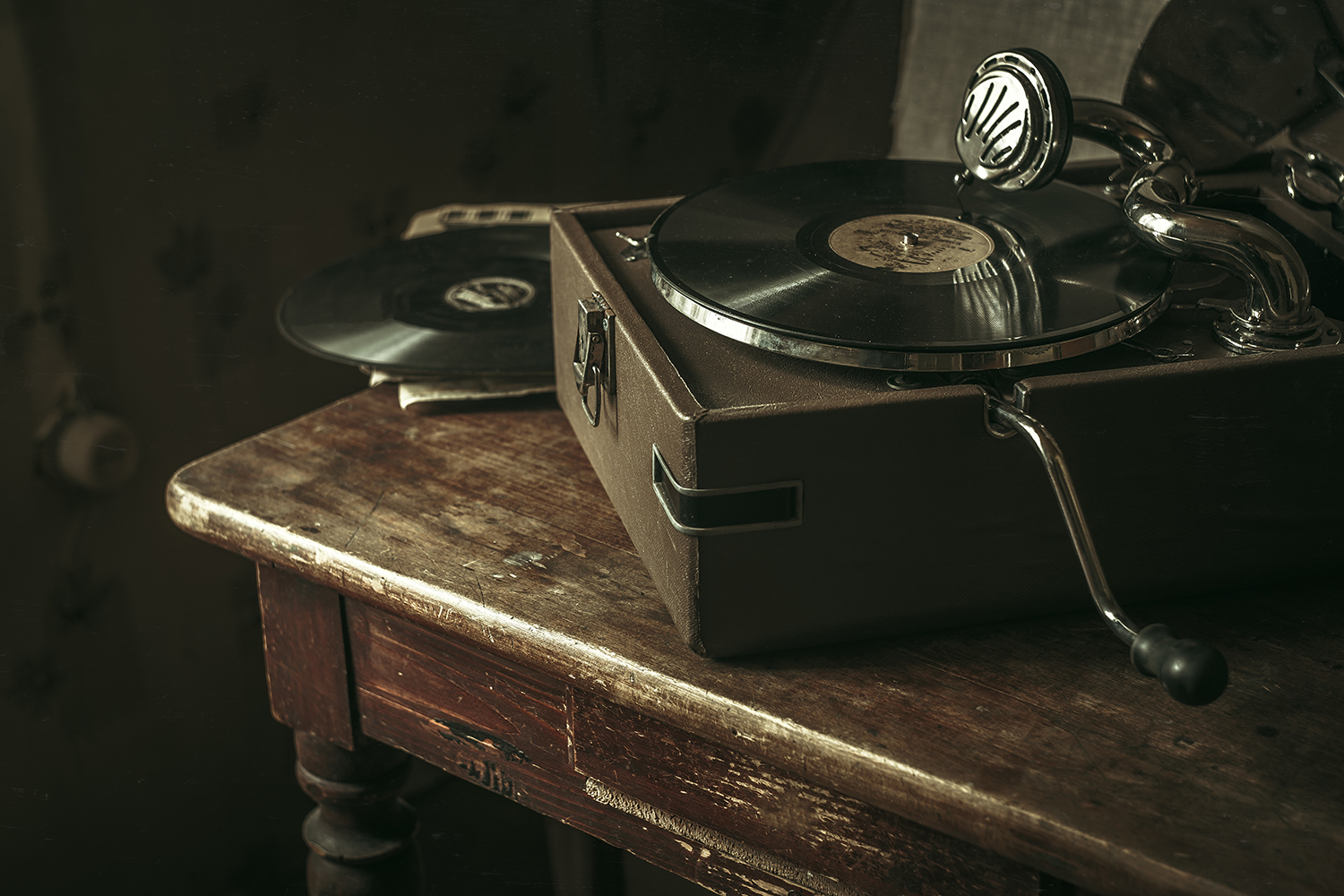 Vintage Record Player, Gramophone On The Table, Next To The Reco